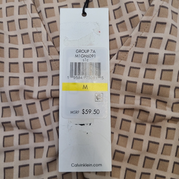 Calvin Klein Beige Checkered Square Print Accordion Pleated Sleeve Top Medium - Picture 11 of 12